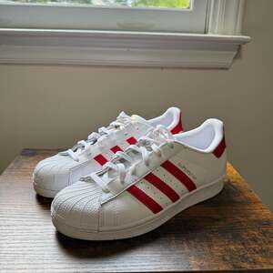adidas Superstar White and Vivid Red Shell Toe Sneakers